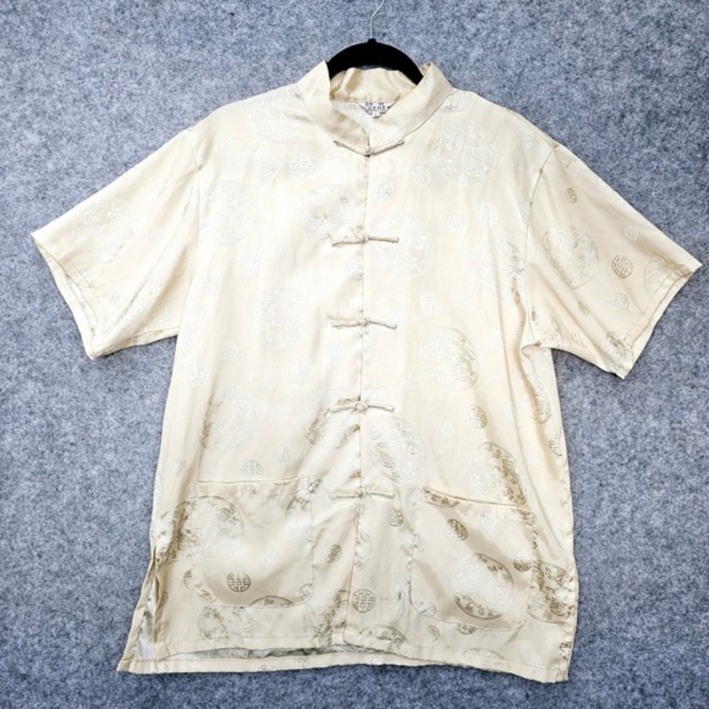 Mandarin Collar Shirt Mens L Cream Jacquard Chinese Tai Chi Frog‎ Button Satin